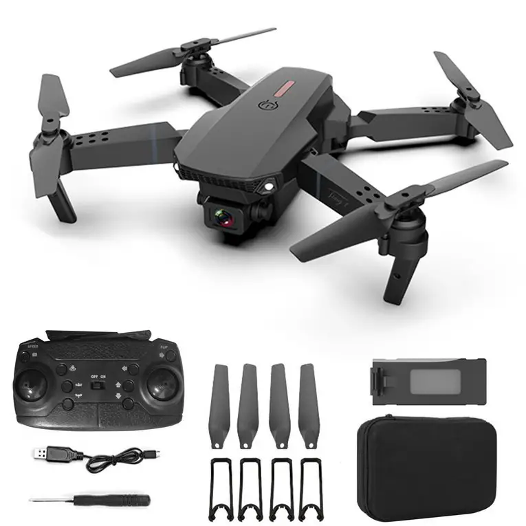 E88 pro 2 batterys fly time : 10min per battery Flies About 50 meters